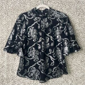 Rebecca Taylor Top‎ Women’s 4 Black/Silver Paisley Floral Silk 1/2 Bell Sleeve